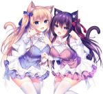  2girls :d animal_ears bangs blonde_hair blue_bow blue_capelet blue_eyes blush bow breasts capelet cat_ears cat_girl cat_tail commentary_request eyebrows_visible_through_hair fang fur-trimmed_capelet fur_trim hair_between_eyes hair_bow hands_up long_hair long_sleeves looking_at_viewer medium_breasts multiple_girls one_side_up open_mouth original paw_pose pink_capelet pleated_skirt purple_hair red_bow shirt simple_background skirt smile sorai_shin&#039;ya tail thigh-highs traene_(sorai_shin&#039;ya) very_long_hair violet_eyes white_background white_legwear white_shirt white_skirt 