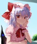 1girl bangs bat_wings blue_hair blue_sky bow bowtie clouds day dress eyebrows_visible_through_hair hair_between_eyes hand_up hat hat_bow head_rest looking_at_viewer mob_cap nazuka_(mikkamisaki) outdoors pink_dress pink_headwear pointy_ears puffy_short_sleeves puffy_sleeves red_bow red_eyes red_neckwear remilia_scarlet short_hair short_sleeves sky solo touhou upper_body wings wrist_cuffs 