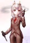  1girl alternate_costume artist_name ayanami_(azur_lane) azur_lane balisong bangs black_gloves cigarette collared_shirt commentary crossover english_commentary expressionless eyebrows_visible_through_hair formal gloves hair_between_eyes highres holding holding_cigarette holding_knife holding_weapon knife kreuzer_00 looking_at_viewer necktie pinstripe_suit ponytail red_eyes red_neckwear shirt sidelocks signature silver_hair solo standing striped suit team_fortress_2 weapon 