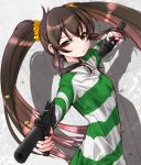  1girl ariichi_kyuu bangs black_hair dot_nose drop_shadow dual_wielding eyelashes foreshortening green_hoodie gun handgun holding holding_gun holding_weapon hood hoodie idolmaster idolmaster_cinderella_girls long_hair matoba_risa narrowed_eyes open_mouth outstretched_arm oversized_clothes pistol scrunchie serious shell_casing sidelocks solo standing striped_hoodie twintails upper_body very_long_hair wall weapon wind yellow_eyes 