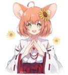  1girl ahoge animal_ears artist_name bangs blush breasts brown_eyes captain_yue commentary_request copyright_request detached_sleeves eyebrows_visible_through_hair flower hair_flower hair_ornament hamster_ears happy japanese_clothes kimono large_breasts looking_at_viewer short_hair simple_background smile solo sunflower upper_teeth white_background white_kimono wide_sleeves 