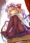  1girl absurdres bangs blonde_hair blush brown_legwear commentary_request crystal eyebrows_visible_through_hair flandre_scarlet fuupu hair_between_eyes hands_up hat hat_ribbon highres knees_up long_hair looking_at_viewer miniskirt mob_cap no_shoes one_side_up pantyhose petticoat puffy_short_sleeves puffy_sleeves red_eyes red_ribbon red_skirt ribbon shirt short_sleeves sitting skirt solo thighs touhou white_background white_headwear white_shirt wings wrist_cuffs 