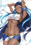  1girl armlet armpits arms_behind_head arms_up belly_chain bike_shorts black_hair blue_eyes blue_eyeshadow blue_hair blush breasts cyicheng dark_skin earrings eyeliner eyeshadow forehead gym_leader hair_bun hoop_earrings jewelry large_breasts long_hair looking_at_viewer makeup multicolored_hair navel necklace parted_lips pokemon pokemon_(game) pokemon_swsh rurina_(pokemon) solo sports_bra sportswear thighs two-tone_hair water white_background 