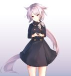  1girl alternate_costume azur_lane bangs bare_thighs black_dress commentary_request cowboy_shot double-breasted dress frown gradient gradient_background grey_background grey_hair head_tilt highres ka11_ca long_hair long_ponytail long_sleeves montpelier_(azur_lane) ponytail red_eyes simple_background solo standing very_long_hair 