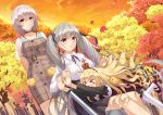  3girls alternate_costume azur_lane bangs black_skirt blonde_hair blush bow breasts casual choker collared_shirt commentary_request crown dress eyebrows_visible_through_hair floating_hair formidable_(azur_lane) frills grey_hair hair_between_eyes hair_bow hair_ribbon hairband large_breasts long_hair long_sleeves looking_at_viewer maemi_(maemi12) manjuu_(azur_lane) mini_crown multiple_girls neck_ribbon open_mouth orange_sky outdoors pantyhose queen_elizabeth_(azur_lane) red_eyes revision ribbon shirt short_hair sirius_(azur_lane) sitting skirt sky smile sunset tree twintails very_long_hair white_hair white_legwear white_shirt wind 
