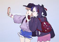  2girls artist_name backpack bag black_jacket black_nails bracelet brown_hair cellphone denim denim_shorts dress eyelashes green_eyes grey_cardigan hat highres jacket jewelry katsuoboshi mary_(pokemon) multiple_girls nail_polish o3o phone pink_dress pokemon pokemon_(game) pokemon_swsh self_shot short_shorts shorts smartphone twintails twitter_username yuuri_(pokemon) 