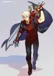  1boy blue_eyes coat devil_bringer devil_may_cry devil_may_cry_4 full_body glowing highres holding holding_sword holding_weapon hood hood_down huge_weapon kotatsu_(g-rough) long_coat male_focus nero_(devil_may_cry) open_clothes open_coat over_shoulder red_queen_(sword) solo sword weapon weapon_over_shoulder white_hair wind wind_lift 