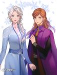  2girls anna_(frozen) blue_dress blue_eyes braid cloak disney dress elsa_(frozen) frozen_(disney) gearous hair_over_shoulder long_hair looking_at_viewer multiple_girls parted_lips platinum_blonde_hair purple_cloak siblings single_braid sisters snowflakes 