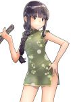  1girl bangs black_eyes black_hair blunt_bangs braid china_dress chinese_clothes closed_fan commentary_request contrapposto cowboy_shot dress fan folding_fan green_dress hair_over_shoulder hair_ribbon hand_on_hip highres kantai_collection kitakami_(kantai_collection) long_hair masukuza_j ribbon sidelocks simple_background single_braid smile solo standing tress_ribbon white_background 
