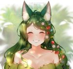  1girl animal_ear_fluff animal_ears artist_name bangs blush breasts cherry_hair_ornament closed_eyes collarbone commentary commission deviantart_logo dress eyebrows_visible_through_hair face flower food_themed_hair_ornament fox_ears green_dress grin hair_flower hair_ornament hairclip highres instagram_logo large_breasts leaf_hair_ornament long_hair original puppypaww smile solo strawberry_hair_ornament twitter_logo 