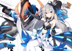  1girl bare_shoulders breasts bronya_zaychik bronya_zaychik_(herrscher_of_reason) cannon center_opening closed_mouth copyright_name dress elbow_gloves gloves grey_eyes honkai_(series) honkai_impact_3rd layered_dress long_hair looking_at_viewer mecha outstretched_arm pantyhose project_bunny silver_hair sitting small_breasts solo stomach v-shaped_eyebrows very_long_hair w.k white_dress white_legwear 