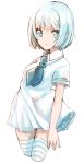  1girl bangs blue_eyes blue_hair blue_neckwear breasts closed_mouth collared_dress comah cropped_legs dress looking_at_viewer neckerchief original short_hair short_sleeves simple_background small_breasts solo striped striped_legwear thigh-highs white_background white_dress 