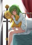  1girl anger_vein angry bangs blush breasts c.c. code_geass commentary eyebrows_visible_through_hair green_hair highres jmao long_hair on_bed shirt sitting sleeves_past_wrists solo stuffed_toy white_shirt yellow_eyes 