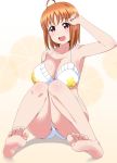  1girl bare_shoulders barefoot bikini breasts feet highres large_breasts looking_at_viewer love_live! love_live!_sunshine!! no_shoes open_mouth orange_hair panimiiru pov pov_feet red_eyes short_hair sitting smile soles solo swimsuit takami_chika toes white_bikini 