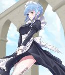  1girl blue_hair blue_sky brown_eyes clouds day dollinger fire_emblem fire_emblem:_three_houses highres long_sleeves maid maid_headdress marianne_von_edmund outdoors parted_lips sky solo 