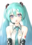  1girl aqua_hair bangs bare_shoulders blue_neckwear blurry blush breasts collared_shirt depth_of_field detached_sleeves eyelashes gradient_hair grey_shirt hair_between_eyes hair_ornament hatsune_miku headset highres lips long_hair looking_at_viewer multicolored_hair necktie parted_lips rsk_(tbhono) shirt simple_background twintails upper_body vocaloid white_background 