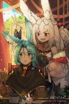  1boy 1girl :d animal_ear_fluff animal_ears aqua_hair artist_name bangs bare_shoulders black_capelet black_gloves blush bow braid brown_gloves capelet character_request collarbone comb commentary dragalia_lost dress ear_piercing english_commentary eyebrows_visible_through_hair fang gloves green_eyes hair_between_eyes hair_bow halterneck hentaki highres holding holding_comb holding_scissors jacket long_hair long_sleeves luca_(dragalia_lost) off_shoulder open_clothes open_jacket open_mouth parted_bangs parted_lips piercing pink_jacket puffy_long_sleeves puffy_sleeves rabbit_ears red_bow red_eyes scissors smile sparkle watermark web_address white_dress white_hair 