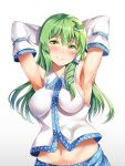  1girl armpits arms_behind_head arms_up bangs blush breasts closed_mouth commentary_request detached_sleeves eyebrows_visible_through_hair frog_hair_ornament green_eyes green_hair hair_ornament hair_tubes highres kochiya_sanae long_hair looking_at_viewer medium_breasts nagomian navel sidelocks simple_background smile snake_hair_ornament solo touhou upper_body white_background 
