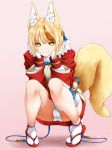  1girl animal_ears ashita_yaru blonde_hair brown_hair closed_mouth fingerless_gloves fire_emblem fire_emblem_fates fox_ears fox_tail full_body gloves hair_ornament japanese_clothes long_sleeves multicolored_hair panties pink_background selkie_(fire_emblem) short_hair simple_background smile solo squatting streaked_hair tail underwear white_gloves white_panties yellow_eyes 