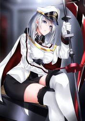  1girl azur_lane bangs blue_eyes breasts cape commentary_request crossed_legs eyebrows_visible_through_hair fur-trimmed_cape fur_collar fur_trim gloves hair_between_eyes hat highres holding holding_weapon large_breasts long_hair military military_hat military_uniform parted_lips peaked_cap silver_hair sitting surota thigh-highs thighs tirpitz_(azur_lane) uniform weapon white_gloves 