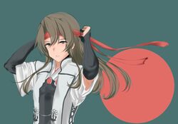  1girl black_gloves breastplate circle dark_green_hair elbow_gloves gloves green_background hair_down headband japanese_clothes jinbaori kantai_collection long_hair muneate nn_tasu red_headband simple_background solo yellow_eyes zuikaku_(kantai_collection) 