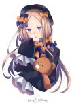  1girl abigail_williams_(fate/grand_order) absurdres bangs black_bow black_dress black_headwear blonde_hair blue_eyes bow character_name commentary_request cropped_torso dress fate/grand_order fate_(series) forehead hair_bow hat highres long_hair long_sleeves looking_at_viewer noix123 object_hug open_mouth orange_bow parted_bangs simple_background sleeves_past_fingers sleeves_past_wrists solo stuffed_animal stuffed_toy teddy_bear twitter_username upper_body very_long_hair white_background 