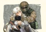  1boy 1girl artist_request black_gloves blonde_hair breasts closed_mouth crossover dp-28 dp28_(girls_frontline) fur_hat girls_frontline gloves gun hair_between_eyes hat helmet holding holding_gun holding_weapon hug long_hair long_sleeves looking_at_viewer military_operator rainbow_six_siege tachanka_(rainbow_six_siege) weapon white_gloves 
