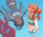  belly_chain bikini dark_skin eyewear_on_head floating gen_1_pokemon goldeen heart heart-shaped_eyewear horn jewelry long_hair looking_at_another multicolored_hair navel orange_hair partially_submerged pokemon pokemon_(creature) pokemon_(game) pokemon_swsh rotom_phone rurina_(pokemon) smile sonia_(pokemon) stomach swimsuit two-tone_hair uso_(ameuzaki) very_long_hair water 