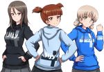  3girls aki_(girls_und_panzer) bangs black_shirt blue_shirt blue_skirt blunt_bangs brown_eyes brown_hair casual clenched_hand closed_mouth clothes_writing commentary drawstring eyebrows_visible_through_hair finnish_text from_behind girls_und_panzer green_eyes grey_skirt hair_tie hand_on_hip hands_in_pockets hands_on_hips head_tilt highres hood hood_down hoodie light_brown_hair long_hair long_sleeves looking_at_viewer looking_back mika_(girls_und_panzer) mikko_(girls_und_panzer) miniskirt multiple_girls no_hat no_headwear omachi_(slabco) pants pants_under_skirt pleated_skirt red_eyes redhead shirt short_hair short_twintails side-by-side simple_background single_vertical_stripe skirt smile standing swept_bangs track_pants twintails white_background 