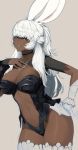  1girl accio animal_ears beige_background black_choker choker dark_skin final_fantasy final_fantasy_xiv fingernails green_eyes green_nails hand_on_hip long_hair navel parted_lips rabbit_ears sharp_fingernails simple_background sketch thigh-highs viera white_hair work_in_progress 