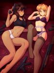  2girls arm_behind_head armpits bangs bare_arms bare_legs bare_shoulders barefoot bed_sheet blonde_hair bra breasts brown_hair bullet collarbone commentary english_commentary explosive eyebrows_visible_through_hair garter_belt green_eyes grenade gun gunsmith_cats hair_between_eyes handgun highres ittla legs looking_at_viewer lying medium_breasts multiple_girls navel on_back panties panties_over_garter_belt purple_bra red_pillow revolver short_hair shotgun shotgun_shells smile sports_bra stomach thigh-highs underwear underwear_only violet_eyes weapon white_panties 