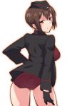 1girl ass black_gloves blush breasts brown_eyes brown_hair clothing_request em from_behind garrison_cap girls_und_panzer gloves hair_between_eyes hand_on_hip hat kuromorimine_military_uniform large_breasts looking_at_viewer looking_back meme_attire nishizumi_maho sketch solo white_background 