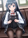  1girl absurdres alternate_legwear asashio_(kantai_collection) belt black_hair black_legwear blue_eyes blue_panties blush closed_mouth commentary_request couch dress eyebrows_visible_through_hair flying_sweatdrops highres kantai_collection lifted_by_self long_hair long_sleeves looking_at_viewer neck_ribbon needle panties panties_under_pantyhose pantyhose pinafore_dress red_ribbon remodel_(kantai_collection) ribbon school_uniform shirt sitting solo torn_clothes torn_dress underwear white_shirt zanntetu 