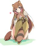  1girl animal_ears bangs blunt_bangs blush brown_hair brown_legwear closed_mouth commentary_request eyebrows_visible_through_hair gen_2_pokemon heart long_hair looking_at_another pink_eyes pokemon pokemon_(creature) raccoon_ears raccoon_girl raccoon_tail raphtalia sentret simple_background sitting smile tail tate_no_yuusha_no_nariagari thigh-highs umanosuke white_background 