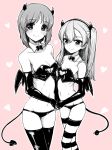  2girls alternate_costume bandeau bangs bikini bow bowtie breasts cleavage_cutout closed_mouth demon_horns demon_tail demon_wings detached_collar elbow_gloves eyebrows_visible_through_hair girls_und_panzer gloves greyscale hair_ribbon heart holding_hands horns light_blush long_hair medium_breasts monochrome multiple_girls navel nishizumi_miho one_side_up partially_colored petag2 pink_background ribbon shimada_arisu short_hair small_breasts smile strapless strapless_bikini striped striped_legwear swimsuit tail thigh-highs wing_collar wings 