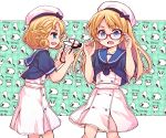  2girls animal_background bangs bespectacled bird black_neckwear blonde_hair blue_eyes blue_sailor_collar commentary_request dress glasses gloves green_background hat highres holding holding_eyewear janus_(kantai_collection) jervis_(kantai_collection) kantai_collection long_hair multiple_girls panda parted_bangs plaid plaid_background sailor_collar sailor_dress sailor_hat sheep short_hair short_sleeves urara_(ckt) white_dress white_gloves white_headwear 