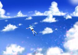  1girl above_clouds absurdres aqua_hair black_legwear black_shorts blue_sky blue_theme clouds commentary confetti day facing_away flying hair_ribbon hatsune_miku highres long_hair ocean outdoors outstretched_arms red_ribbon ribbon sekiranun_graffiti_(vocaloid) shiny_(module) shirt shoes short_shorts shorts sky solo tatyaoekaki twintails very_long_hair vocaloid white_shirt wide_shot wrist_ribbon 