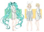  1boy 2girls :q aqua_eyes aqua_hair arms_behind_back bangs bare_legs barefoot berry_(dreamoffancy) blonde_hair blue_eyes bob_cut bottomless bow breasts crossed_legs dress_shirt full_body hair_bow hair_ornament hairclip hatsune_miku highres kagamine_len kagamine_rin long_hair looking_at_viewer looking_back looking_to_the_side low_ponytail multiple_girls naked_shirt own_hands_together shirt short_hair sidelocks sleeves_folded_up sleeves_past_wrists small_breasts standing swept_bangs tongue tongue_out twintails very_long_hair vocaloid white_bow white_shirt 