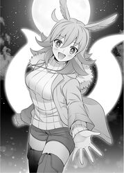  1girl :d alternate_costume blush boots breasts casual clouds commentary_request eyebrows_visible_through_hair fate/grand_order fate_(series) full_moon hair_ornament head_wings hildr_(fate/grand_order) jacket looking_at_viewer medium_breasts medium_hair moon night night_sky open_clothes open_jacket open_mouth outstretched_hand ribbed_sweater shorts sky smile solo sweater thigh-highs thigh_boots turtleneck turtleneck_sweater valkyrie_(fate/grand_order) yamoge 