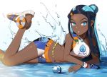  1girl armlet bare_legs bare_shoulders bike_shorts black_hair blue_eyes blue_gloves blue_hair clothes_writing crop_top dark_skin earrings feet_up forehead gloves highres hoop_earrings jewelry long_hair looking_at_viewer lying multicolored_hair navel on_stomach parted_lips poke_ball pokemon pokemon_(game) pokemon_swsh rurina_(pokemon) sandals shallow_water shibainu sidelocks simple_background single_glove smile solo splashing two-tone_hair very_long_hair water white_background white_footwear 