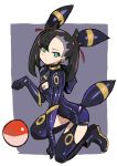  1girl animal_ears black_hair cleavage_cutout commentary_request cosplay dakusuta full_body gloves green_eyes hair_ribbon highres kneeling long_hair looking_at_viewer mary_(pokemon) poke_ball pokemon pokemon_(game) pokemon_swsh purple_background red_ribbon ribbon tail twintails two-tone_background umbreon umbreon_(cosplay) undercut white_background 