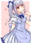  1girl alternate_costume apron artist_request blue_apron blue_neckwear blue_ribbon bow bowtie brown_eyes enmaided eyebrows_visible_through_hair finger_to_mouth hair_ribbon head_tilt heart highres kantai_collection kasumi_(kantai_collection) long_hair looking_at_viewer maid maid_apron pink_background ribbon short_sleeves side_ponytail silver_hair simple_background solo 