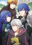  1boy 3boys ? ameno_(a_meno0) armor bandana black_cape black_eyes black_gloves blue_eyes blue_gloves blue_hair book cape castle chrom_(fire_emblem) cloak closed_mouth collarbone commentary_request eyebrows_visible_through_hair fingerless_gloves fire_emblem fire_emblem_awakening gaius_(fire_emblem) gloves hair_between_eyes headband holding holding_book hood hood_down hooded_cloak krom long_hair looking_at_another looking_at_viewer lucina lucina_(fire_emblem) male_my_unit_(fire_emblem:_kakusei) multiple_boys my_unit_(fire_emblem:_kakusei) open_mouth orange_eyes orange_hair parted_lips robin_(fire_emblem) robin_(fire_emblem)_(male) short_hair shoulder_armor sweatdrop tiara tree white_cape white_hair 