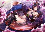  1girl bangs bare_shoulders bob_cut breasts cluseller commentary_request cup fate/grand_order fate_(series) horns japanese_clothes kimono long_hair looking_at_viewer navel oni oni_horns open_clothes open_kimono open_mouth purple_hair purple_kimono redhead revealing_clothes short_hair shuten_douji_(fate/grand_order) skin-covered_horns small_breasts smile solo violet_eyes 