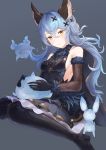  1girl animal_ears bangs bare_shoulders black_background black_footwear black_gloves blue_hair blush boots breasts elbow_gloves erune eyebrows_visible_through_hair ferry_(granblue_fantasy) fur_trim ghost gloves granblue_fantasy hair_between_eyes hair_ornament jewelry kachi long_hair looking_at_viewer medium_breasts rabbit_ears sideboob simple_background single_earring sitting solo thigh-highs thigh_boots wariza wavy_hair x_hair_ornament yellow_eyes 