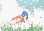  2girls baggy_clothes blue_hair bug butterfly field flip_flappers grass head_on_another&#039;s_shoulder highres insect kokomine_cocona long_hair medium_hair multiple_girls orange_hair oshiyama_kiyotaka papika_(flip_flappers) shirt side-by-side simple_background sitting sleeping sleeping_on_person traditional_media very_long_hair watercolor_(medium) weeds white_shirt yuri 
