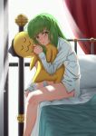  1girl bangs blush breasts c.c. code_geass commentary eyebrows_visible_through_hair green_hair highres jmao long_hair on_bed shirt sitting sleeves_past_wrists solo stuffed_toy white_shirt yellow_eyes 