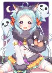  1girl :d absurdres ahoge animal_ear_fluff animal_ears bandaged_leg bandages bell between_legs black_footwear black_gloves black_hairband blue_hair bow commentary_request crescent_moon fake_animal_ears fang forehead fur-trimmed_gloves fur-trimmed_jacket fur_collar fur_trim ghost gloves hair_bow hairband hand_between_legs highres izumo_miyako jacket long_hair looking_at_viewer moon open_mouth orange_skirt paw_gloves paws pleated_skirt potemaro princess_connect! princess_connect!_re:dive red_bow sitting skirt smile solo striped striped_bow two_side_up very_long_hair violet_eyes wariza white_jacket 