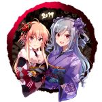  2girls anaroguya blue_eyes blush closed_mouth floral_print flower hair_flower hair_ornament hair_ribbon idolmaster idolmaster_cinderella_girls japanese_clothes kanzaki_ranko kimono lips long_hair multiple_girls ninomiya_asuka obi open_mouth pink_eyes pink_hair print_kimono red_eyes ribbon sash silver_hair yukata 