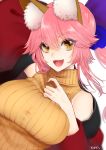  1girl animal_ear_fluff animal_ears bare_shoulders blue_ribbon breasts eyebrows_visible_through_hair eyes_visible_through_hair fangs fate/extra fate/grand_order fate_(series) fox_ears fox_girl hair_ribbon hand_on_own_chest highres large_breasts looking_at_viewer off_shoulder open_mouth pink_hair ribbon simple_background solo sweat tamamo_(fate)_(all) tamamo_no_mae_(fate) uminosobadashi white_background yellow_eyes 
